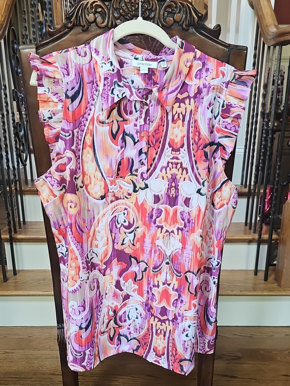 Chico's Pink Purple Paisley Ruffle Sleeve Sleeveless Top Size 2.5 14